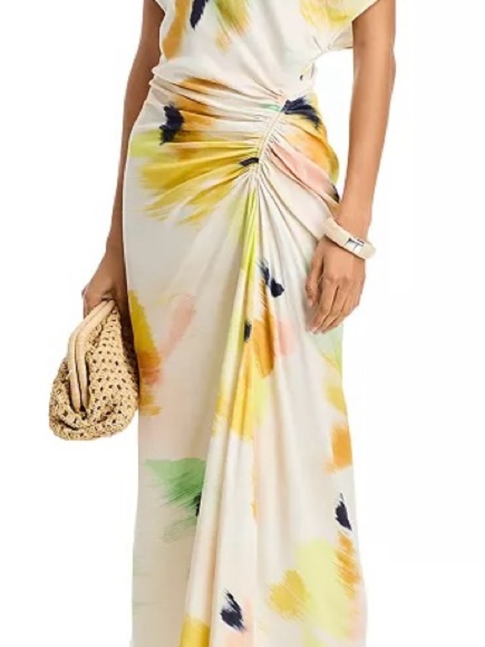 A.L.C. Penny Women’s Yellow Floral Satin Ruched Off-Shoulder Cocktail Maxi Dress - Picture 5 of 13